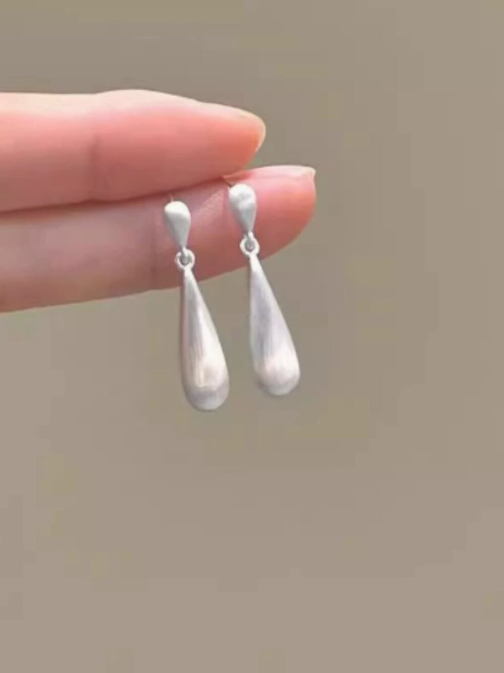 Brushed Matte Silver Teardrop Dangle Drop Earrings Minimalist Sleek Everyday Ear